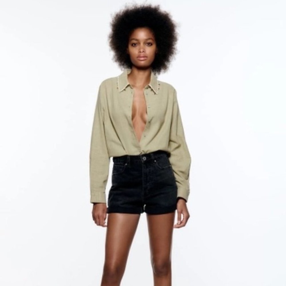 NEW Zara Women's MOM FIT HIGH WAIST RIGID DENIM SHORTS Black